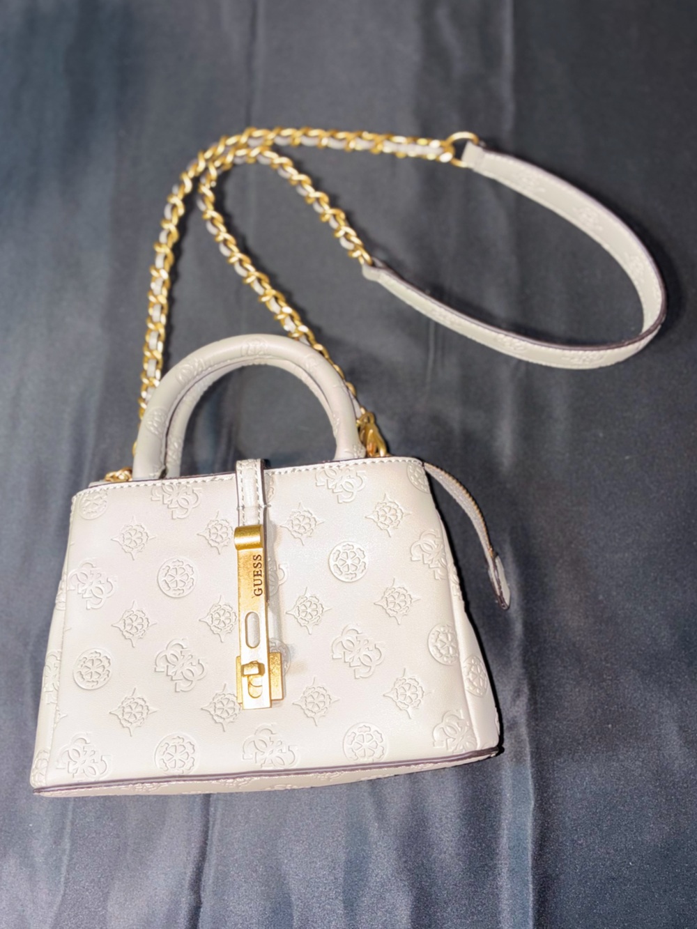 Like New GUESS James Logo Cream Embossed Mini Satchel with Gold Hardware